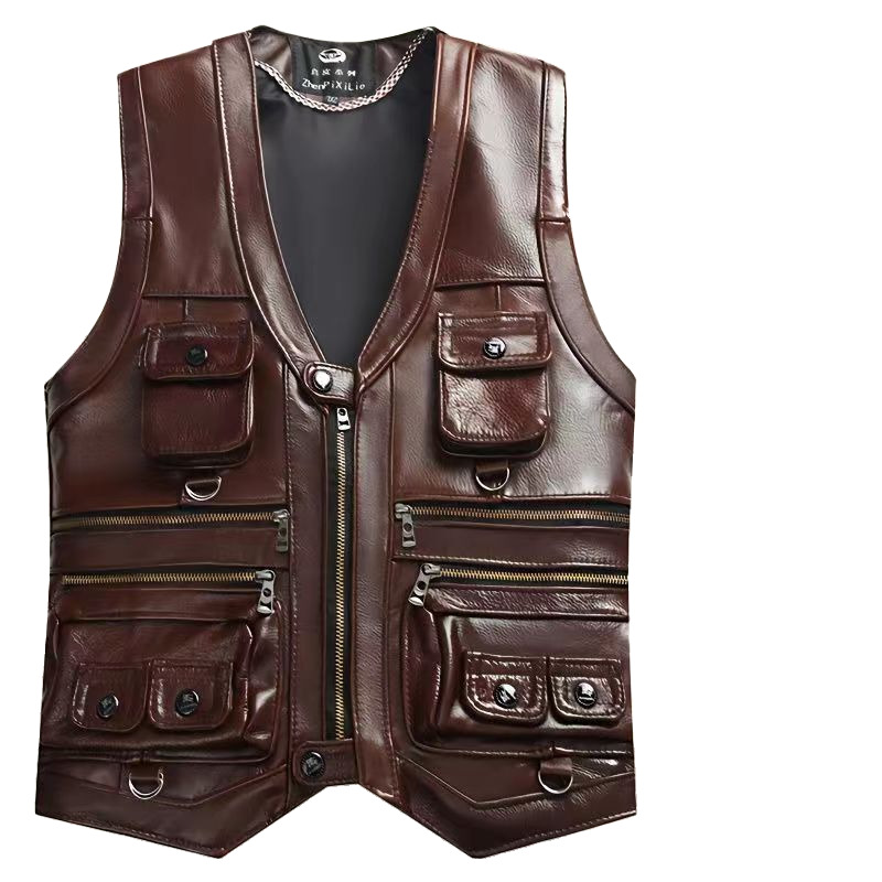 Leather Work Vest - Chaleco de cuero genuino de vaca