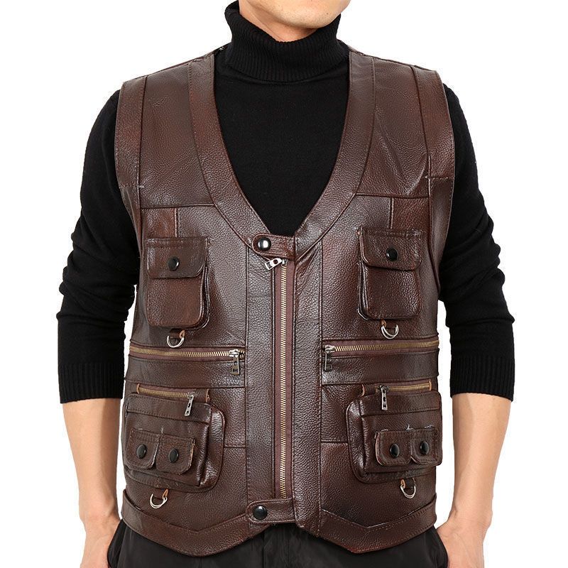 Leather Work Vest - Chaleco de cuero genuino de piel