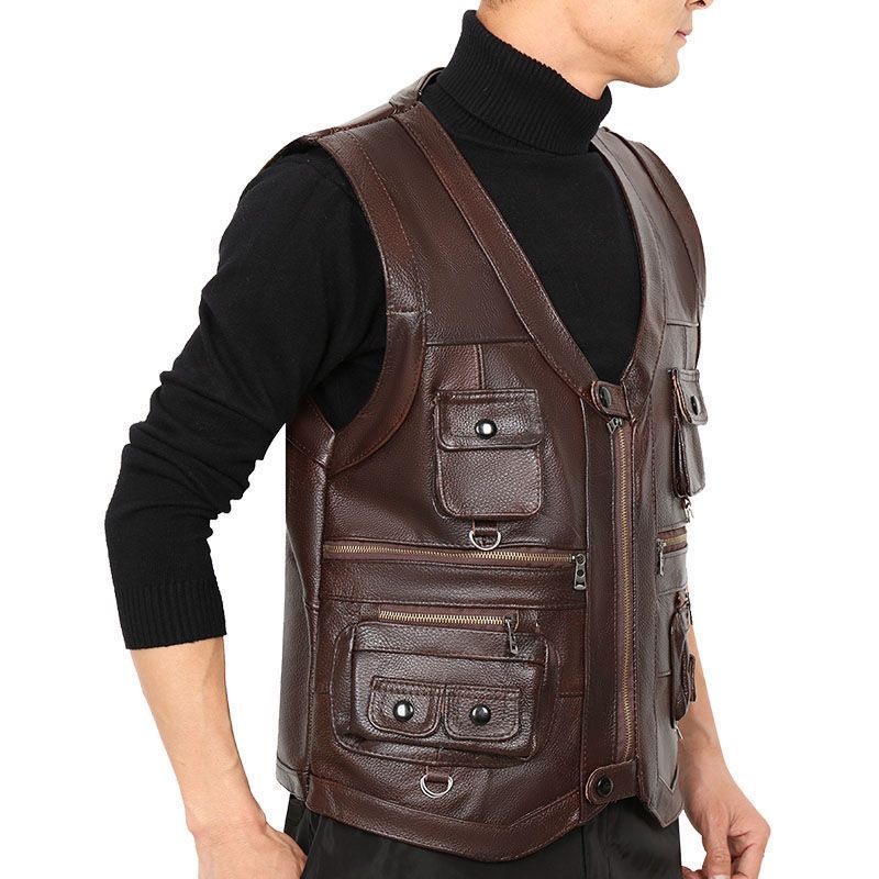 Chaleco de cuero genuino de pi - Leather Work Vest reseña y precio