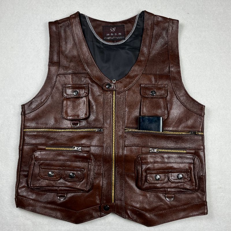 Chaleco de cuero genuino de pi - Leather Work Vest reseña y precio